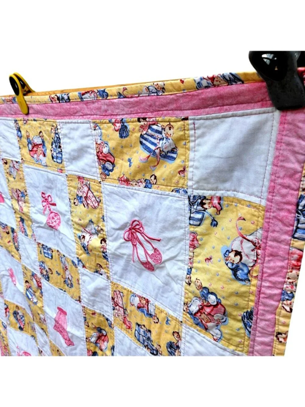 Vintage Baby Quilt Girl Pink Yellow Cotton Machine Embroidery 42x39